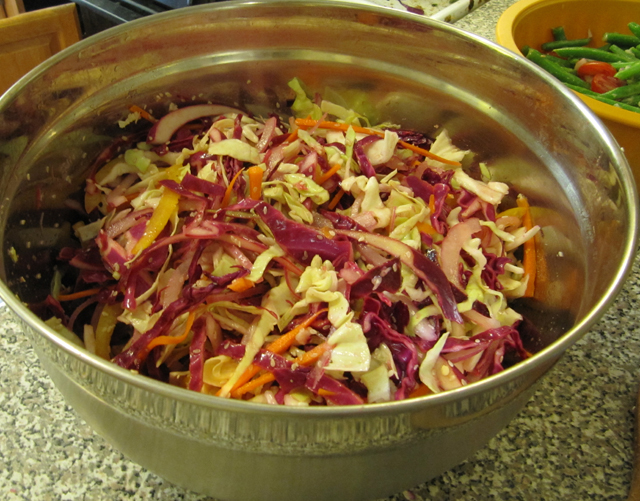 red and green cabbage mixed in a slaw
