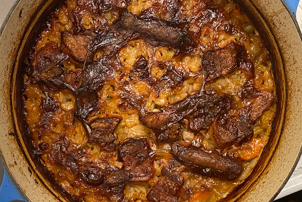 A cassoulet using Rancho Gordo beans and d'artangan duck sausage