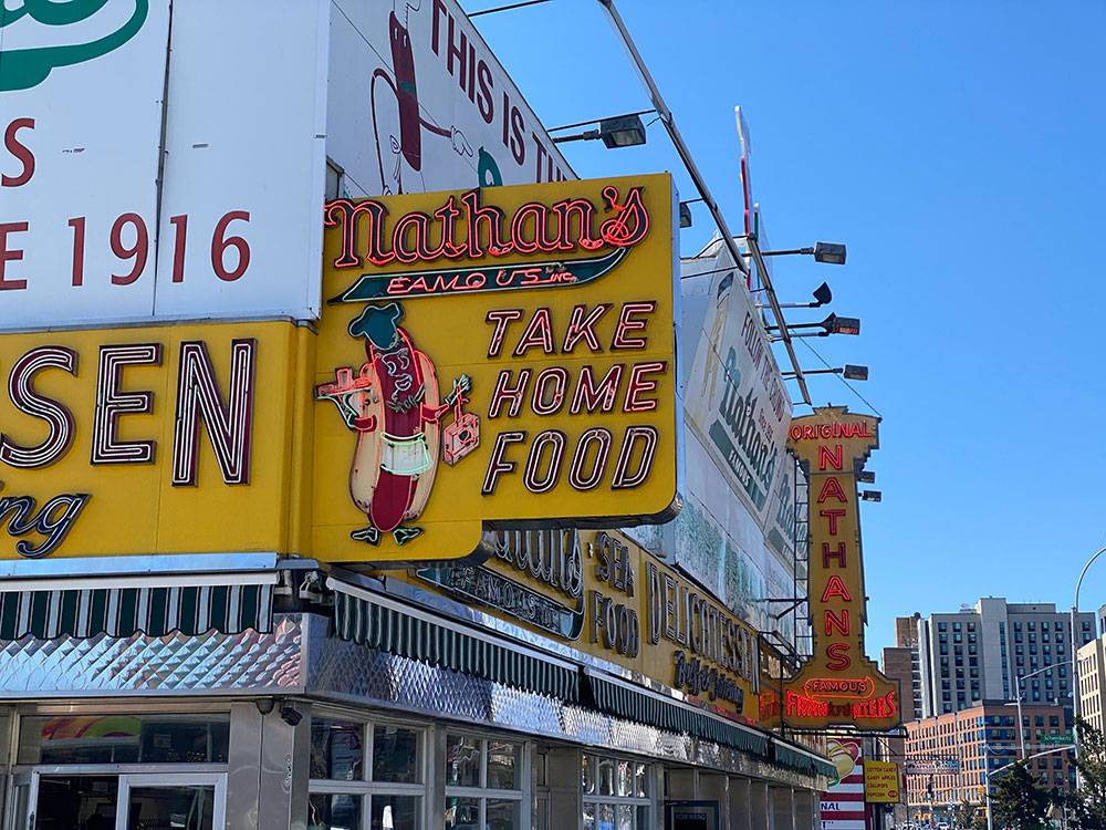 Nathan's hot dog stand on Coney Island at Surf Avenue in 2023