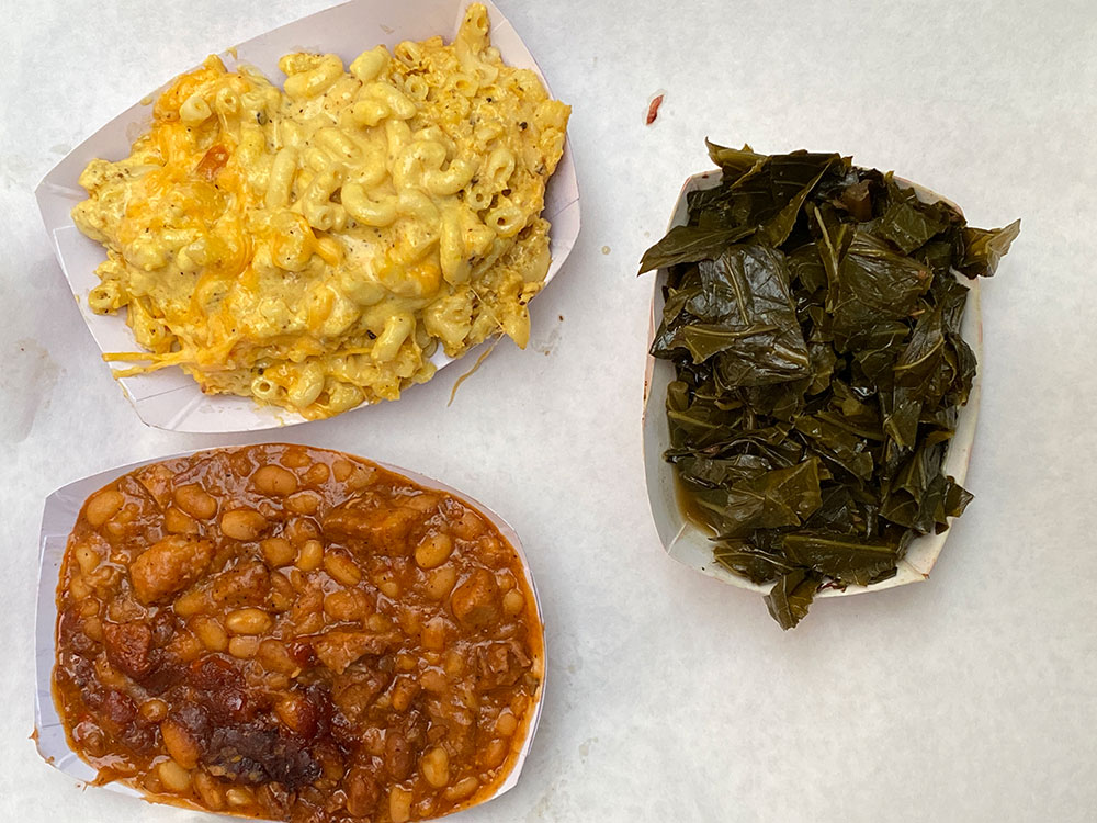 Three sides from John Brown's BBQ: mac and cheese, collard greens, and baked beans