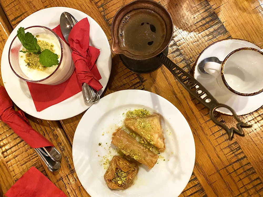 Baklava, lebanese coffee, and milk pudding