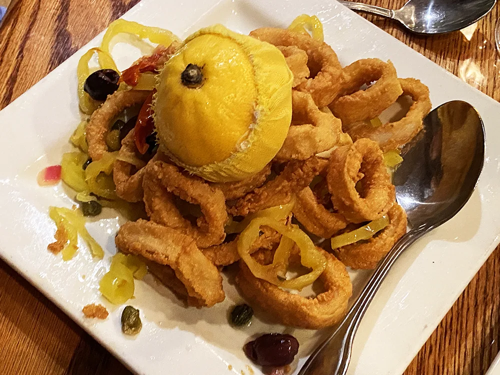 Fried calamari with pickles and peppers