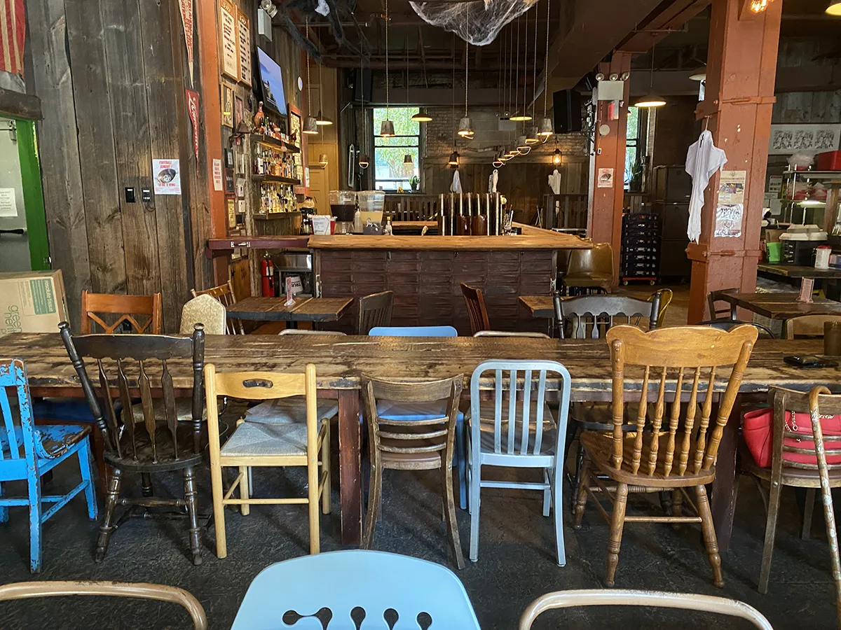 tables and chairs at Mable's smokehouse are mix-matched